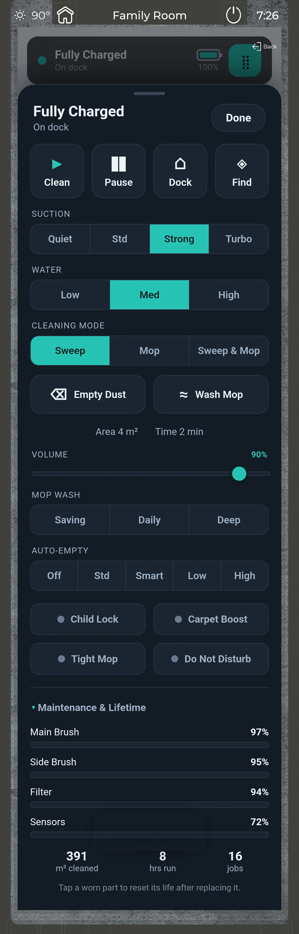 The map's control sheet, opened from the control button in the top-right corner of the map
